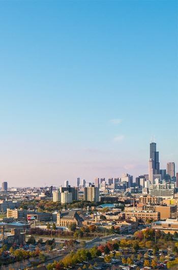 Vertical shot of chicago skyline views from eden commons